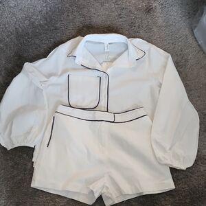 NWT Commense Linen/coton Blend White Two-Piece Piped Top and Shorts Set Size XL